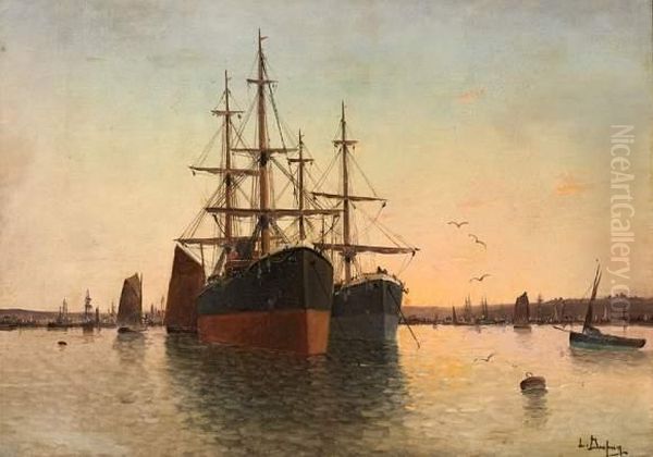 Navires Dans Un Port. Oil Painting by Eugene Galien-Laloue