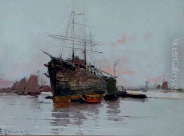 A Ship In A Harbour Oil Painting by Eugene Galien-Laloue