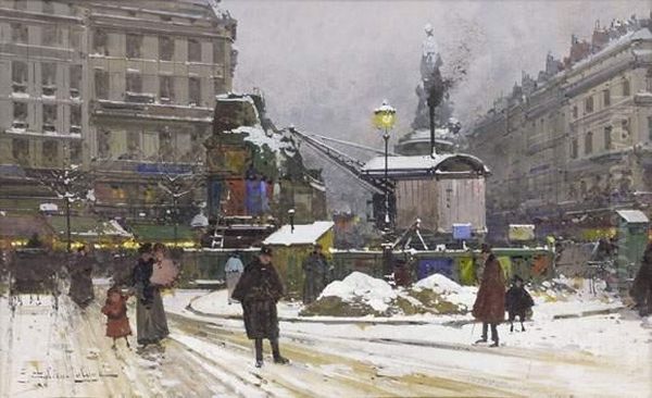 La Place Clichy Sous La Neige Oil Painting by Eugene Galien-Laloue