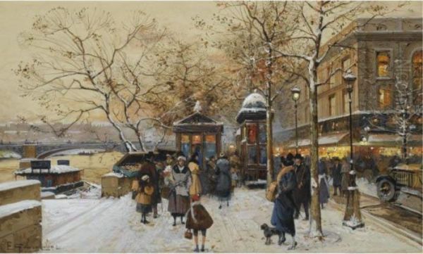 Le Quai De La Megisserie A Paris Oil Painting by Eugene Galien-Laloue