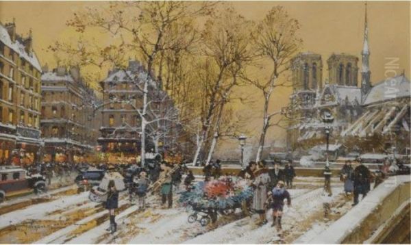 Quai De Montebello Oil Painting by Eugene Galien-Laloue