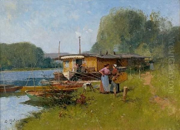 Conversation Devant La Peniche Oil Painting by Eugene Galien-Laloue