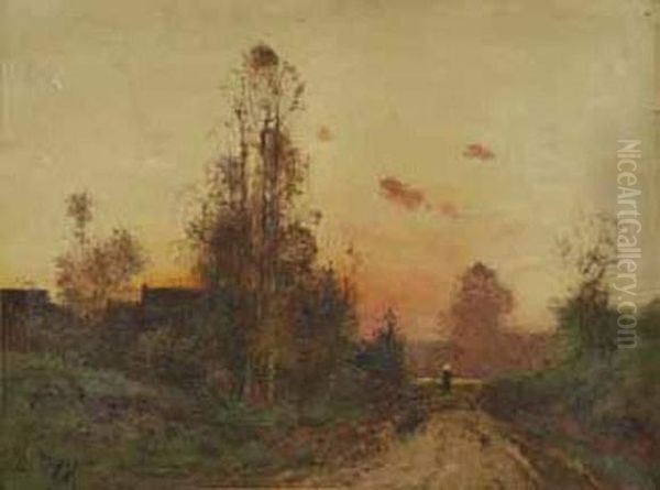 Paysanne Au Chemin En Fin De Journee Oil Painting by Eugene Galien-Laloue