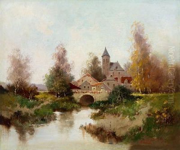 Blick Auf Eine Landschaft Am Fluss Oil Painting by Eugene Galien-Laloue