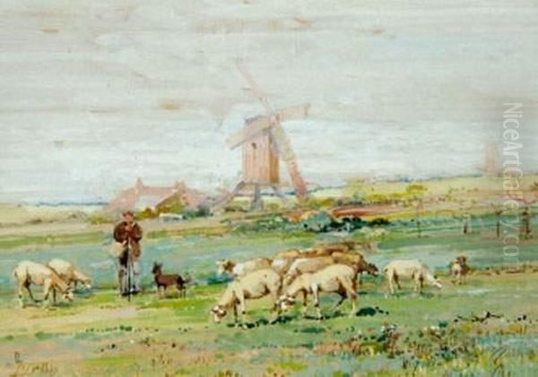 Troupeau De Brebis Dans Un Paysage Au Moulin Oil Painting by Eugene Galien-Laloue