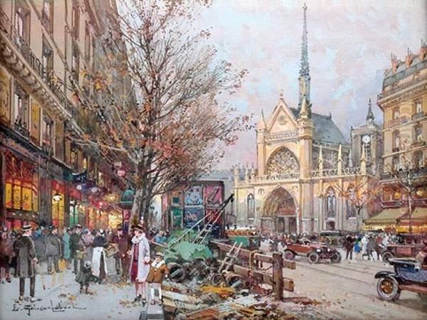 Animation Sur Le Boulevard Magenta A Paris. Oil Painting by Eugene Galien-Laloue