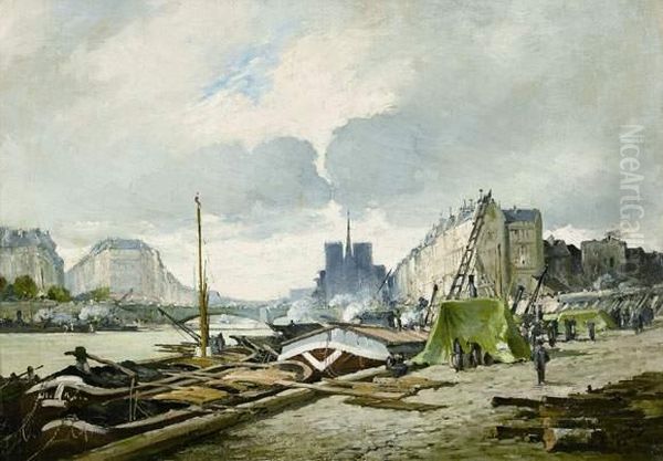 La Seine, Quai Henri Iv A Paris Oil Painting by Eugene Galien-Laloue