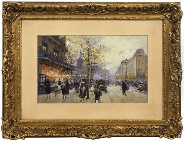 Abendliche Strasenszene Im Herbstlichen Paris Oil Painting by Eugene Galien-Laloue