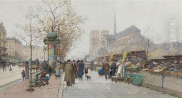 Bouquinistes On Le Quai De Tournelle, Paris Oil Painting by Eugene Galien-Laloue