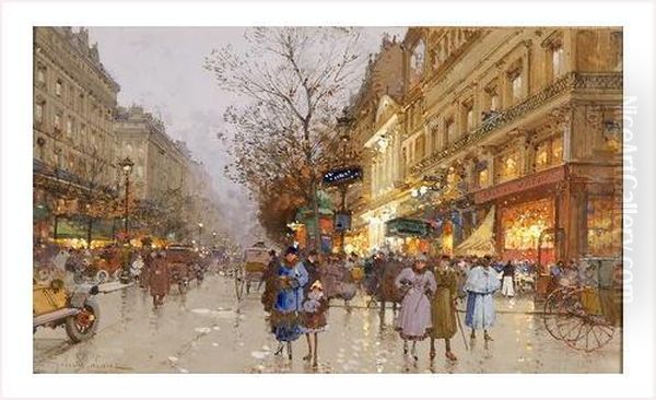 Paris, Soir Sur Les Grands Boulevards Oil Painting by Eugene Galien-Laloue