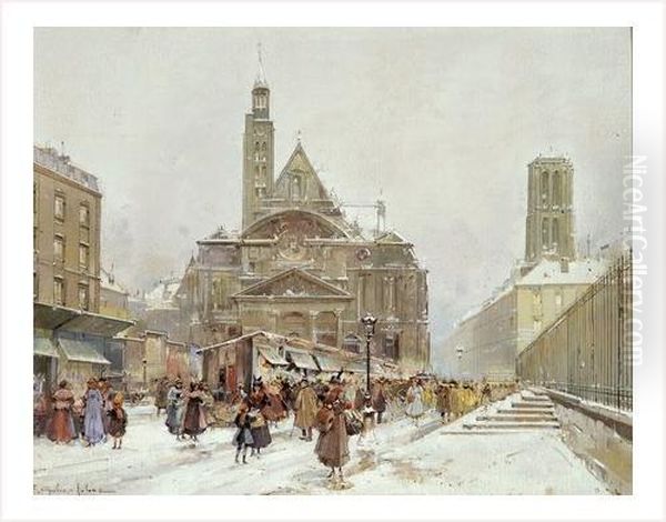 Paris, Eglise Saint Laurent Sous La Neige Oil Painting by Eugene Galien-Laloue