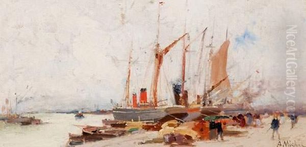 Bateaux A Quai Oil Painting by Eugene Galien-Laloue