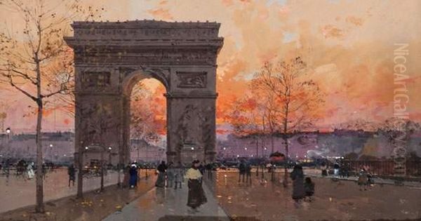 Paris, L'arc De Triomphe Au Soleil Couchant Oil Painting by Eugene Galien-Laloue