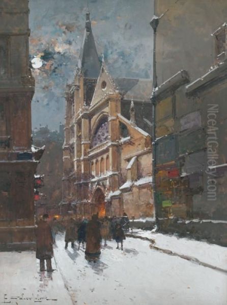 Messe De Minuit A Saint Severin Oil Painting by Eugene Galien-Laloue