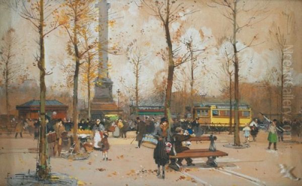 Place De La Bastille Oil Painting by Eugene Galien-Laloue