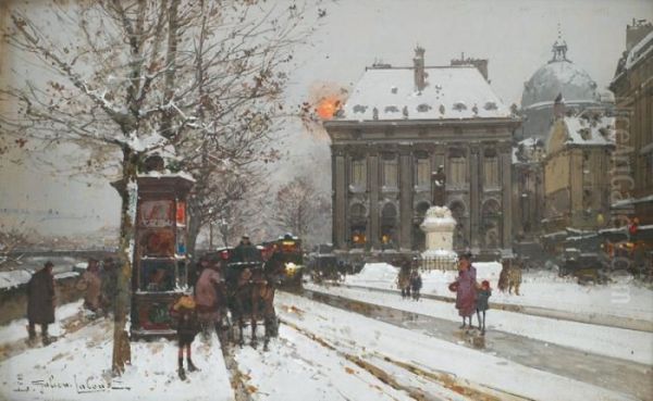 Les Quais Du Louvre Un Jour De Neige Oil Painting by Eugene Galien-Laloue