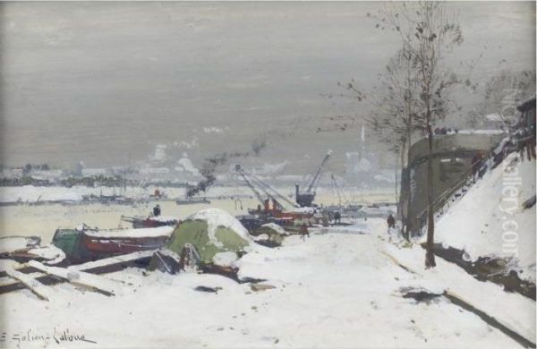 Quai De Bercy Sous La Neige Oil Painting by Eugene Galien-Laloue