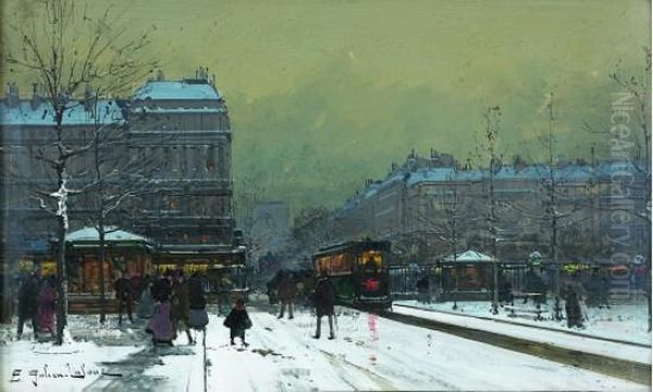 Tramway Sous La Neige Oil Painting by Eugene Galien-Laloue