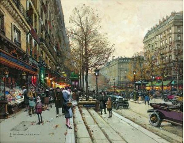 Boulevard Saint-martin, Les Bouquinistes Oil Painting by Eugene Galien-Laloue