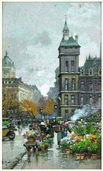 Marche Aux Fleurs Oil Painting by Eugene Galien-Laloue