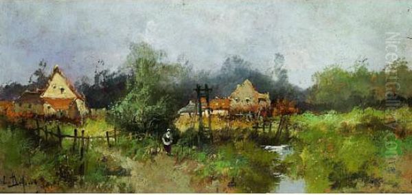 Femme Devant Un Village Oil Painting by Eugene Galien-Laloue