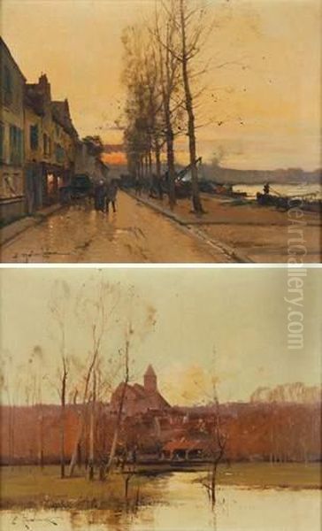  Quai Au Crepuscule - Vue De Montigny-sur-loing  Oil Painting by Eugene Galien-Laloue