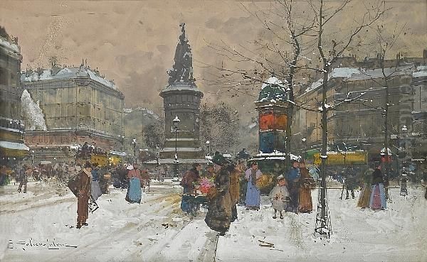 A View Of The Place Clichy In Winter Oil Painting by Eugene Galien-Laloue