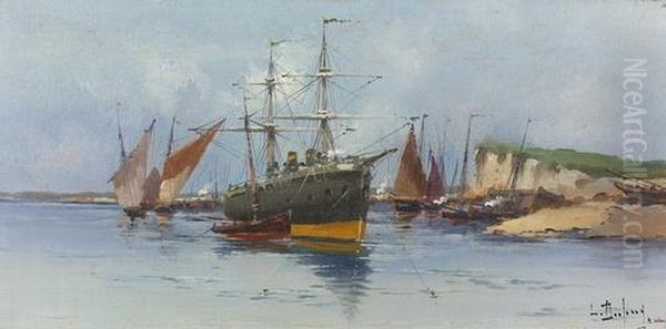 Zweimaster Vor Anker Und Segelschiffe. Oil Painting by Eugene Galien-Laloue