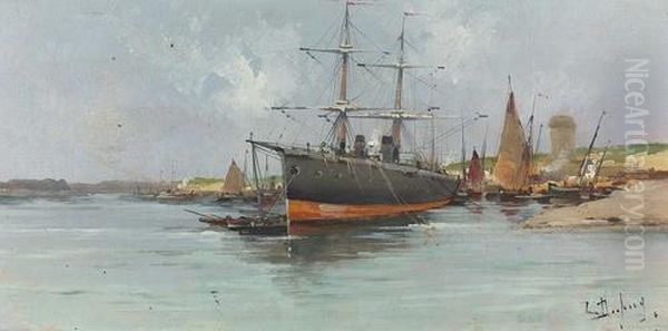 Zweimaster In Einem Hafen Vor Anker. Oil Painting by Eugene Galien-Laloue