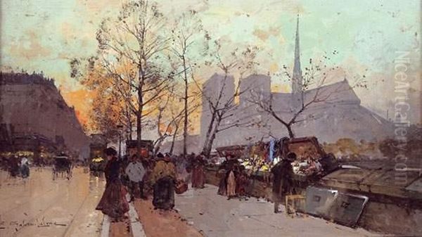 Quai De Montebello Oil Painting by Eugene Galien-Laloue