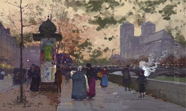 Quai De Montebello Oil Painting by Eugene Galien-Laloue