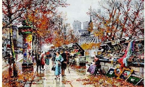 Les Bouquinistes Vers Notre-dame Oil Painting by Eugene Galien-Laloue