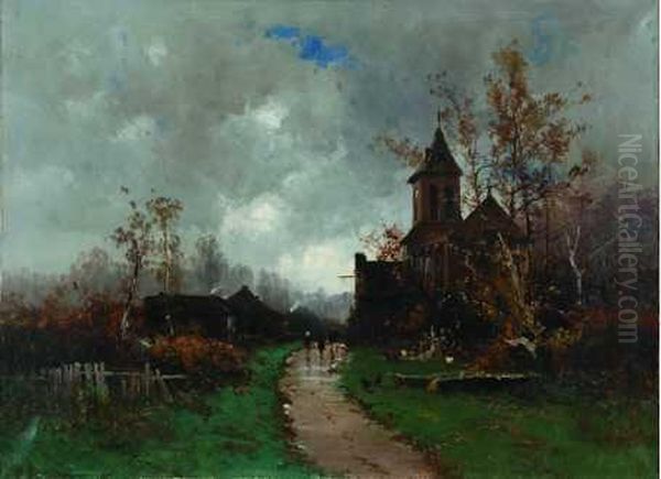 Le Hameau Sous La Pluie Oil Painting by Eugene Galien-Laloue