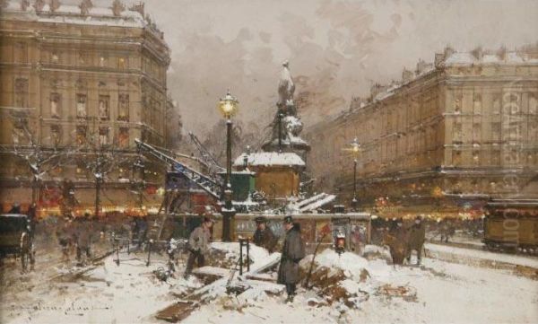 Place Clichy Travaux Du Metro Oil Painting by Eugene Galien-Laloue