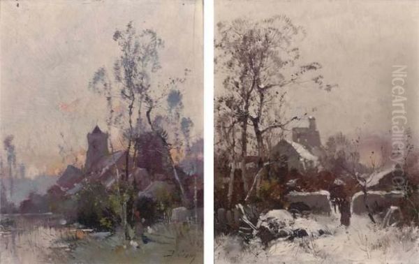 Coucher De Soleil A L'eglise; And Eglise Sous La Neige Oil Painting by Eugene Galien-Laloue