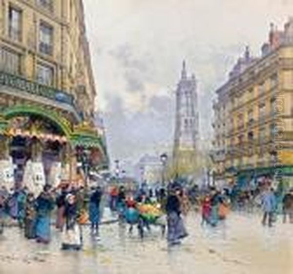 Vue De La Rue De Rivoli Avec La Tour St Jacques Paris Oil Painting by Eugene Galien-Laloue