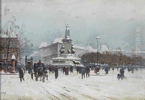 A View Of The Place De La Republique In Winter Oil Painting by Eugene Galien-Laloue