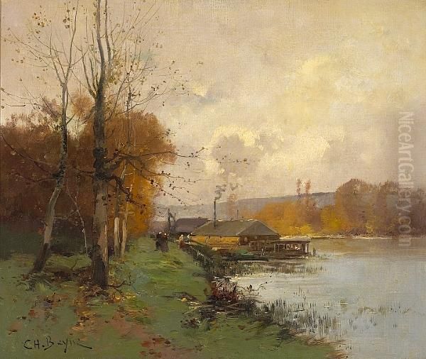 A River Scene With Bateaux Lavoirs And Figures On The Bank Oil Painting by Eugene Galien-Laloue