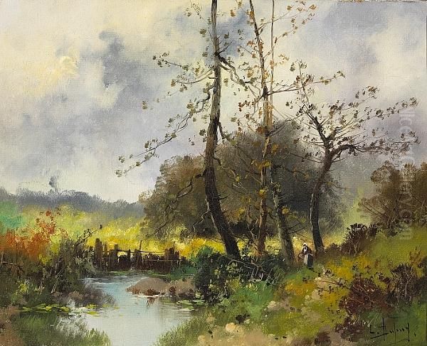 A Pastoral Landscape With A Peasant Woman By A Stream Oil Painting by Eugene Galien-Laloue