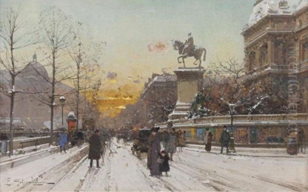 A Sunset In The Snow- Les Quais De L'hotel De Ville Oil Painting by Eugene Galien-Laloue