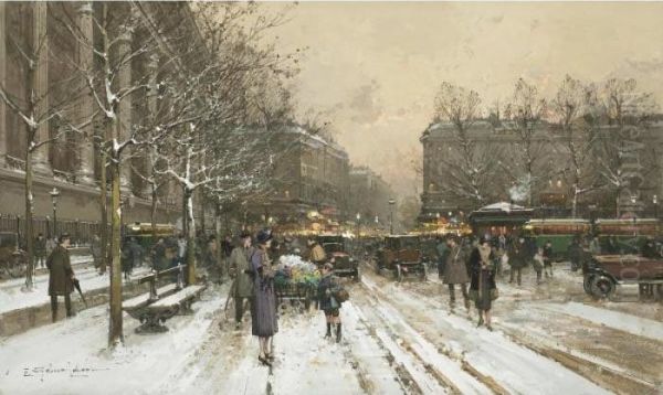 Flower Market At The Madeleine In Winter Oil Painting by Eugene Galien-Laloue