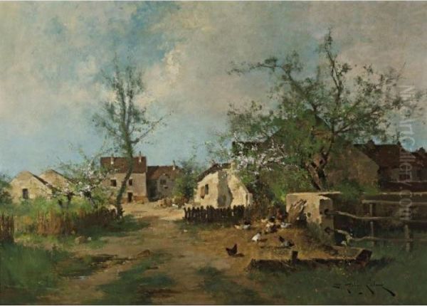 Farmyard With Chickens Oil Painting by Eugene Galien-Laloue