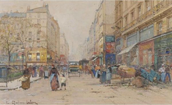 Market Place With A Blue Wagon Oil Painting by Eugene Galien-Laloue