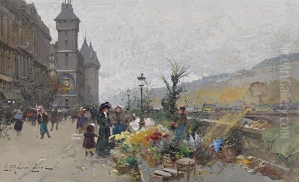 Le Marche Aux Fleurs A La Cite Oil Painting by Eugene Galien-Laloue