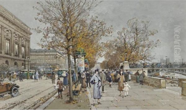 Quais Du Louvre Oil Painting by Eugene Galien-Laloue