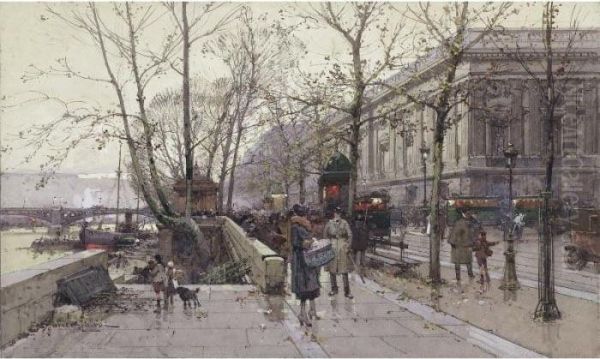 Quai Du Louvre Paris Oil Painting by Eugene Galien-Laloue