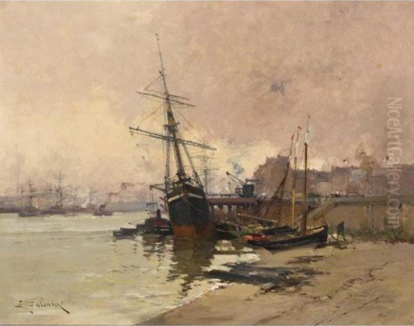 A View Of A Harbour Oil Painting by Eugene Galien-Laloue