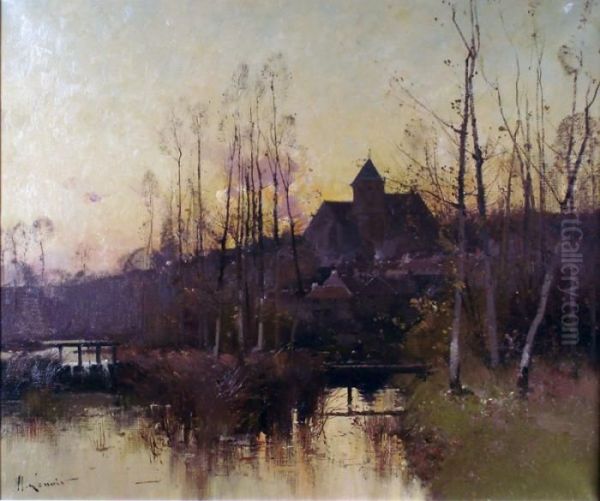 Paysage Au Soleil Couchant A Montigny Oil Painting by Eugene Galien-Laloue