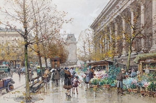 Marche Aux Fleurs A La Madeleine Oil Painting by Eugene Galien-Laloue