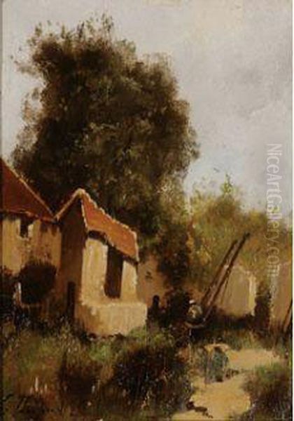 Personnage Dans Une Ferme Oil Painting by Eugene Galien-Laloue